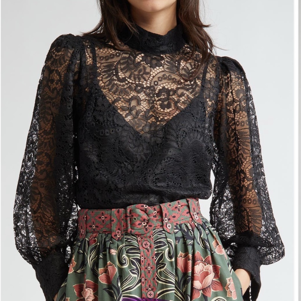NWT Farm Rio Long Sleeve Black Lace Blouse Size Small